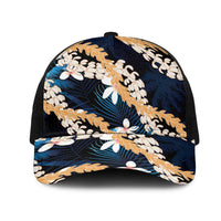 Puakenikeni Maile Lei Mesh Trucker Cap Frangipani Blue Tropical Leaves