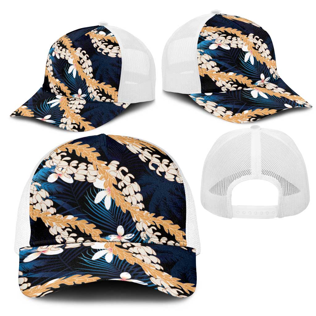 Puakenikeni Maile Lei Mesh Trucker Cap Frangipani Blue Tropical Leaves