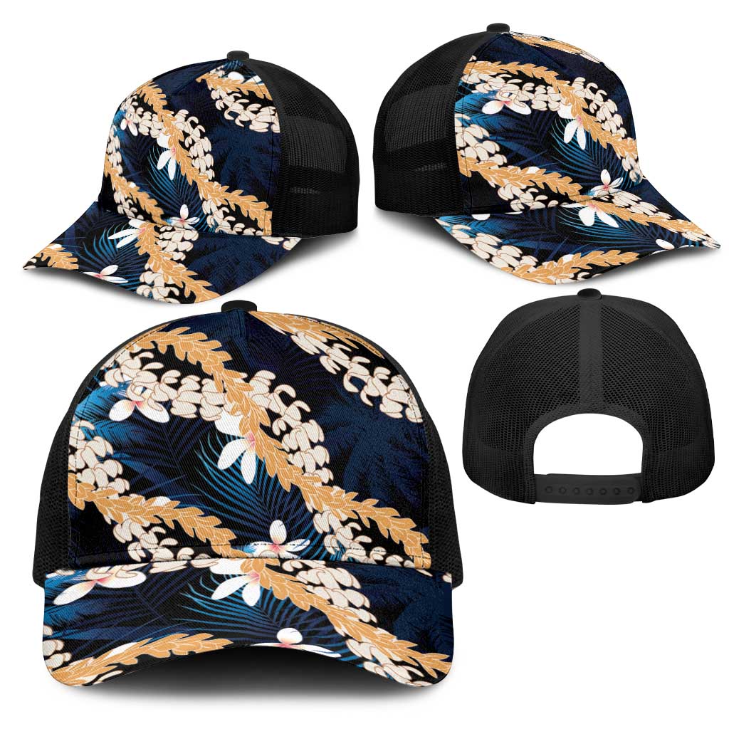 Puakenikeni Maile Lei Mesh Trucker Cap Frangipani Blue Tropical Leaves