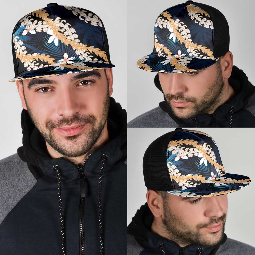 Puakenikeni Maile Lei Mesh Trucker Cap Frangipani Blue Tropical Leaves