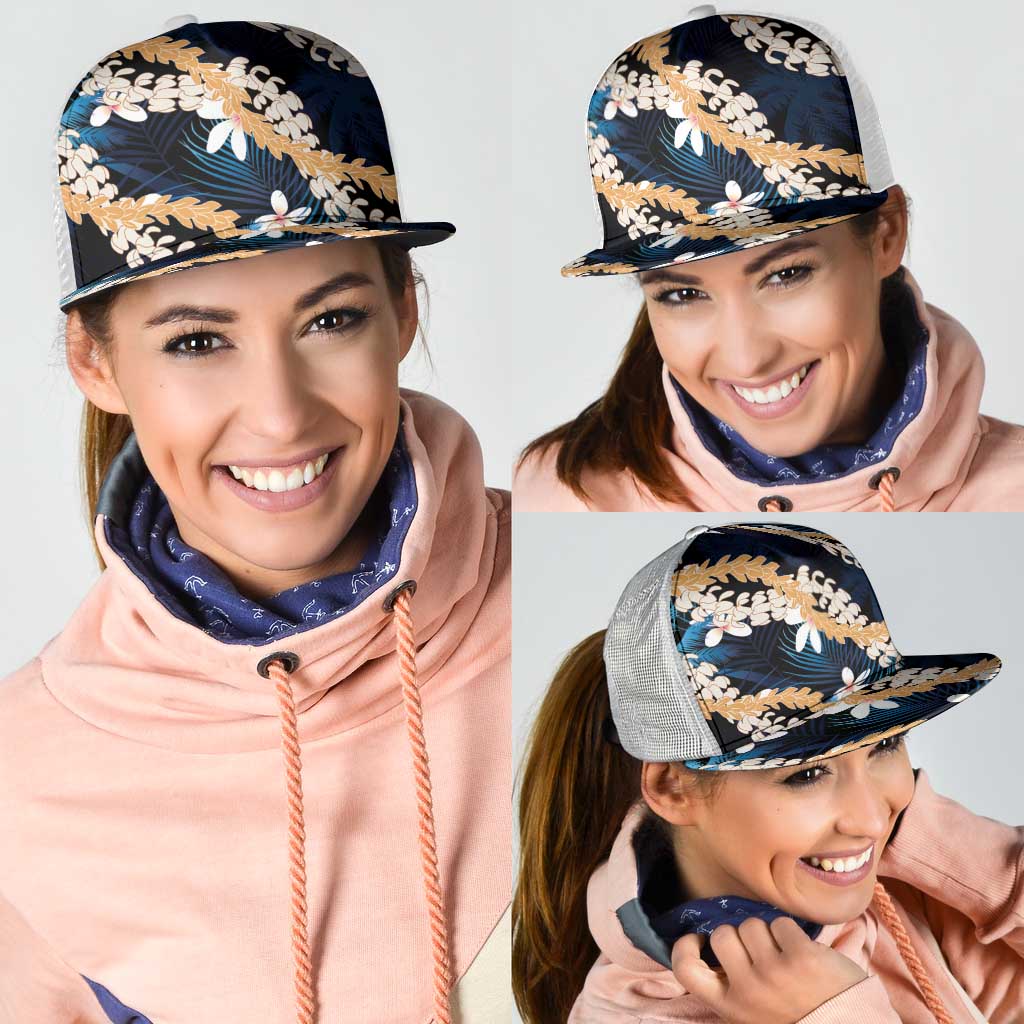 Puakenikeni Maile Lei Mesh Trucker Cap Frangipani Blue Tropical Leaves