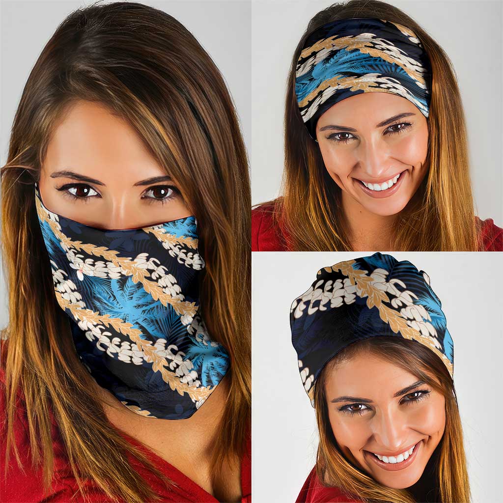 Puakenikeni Maile Lei Neck Gaiter Frangipani Blue Tropical Leaves LT01 - Polynesian Pride