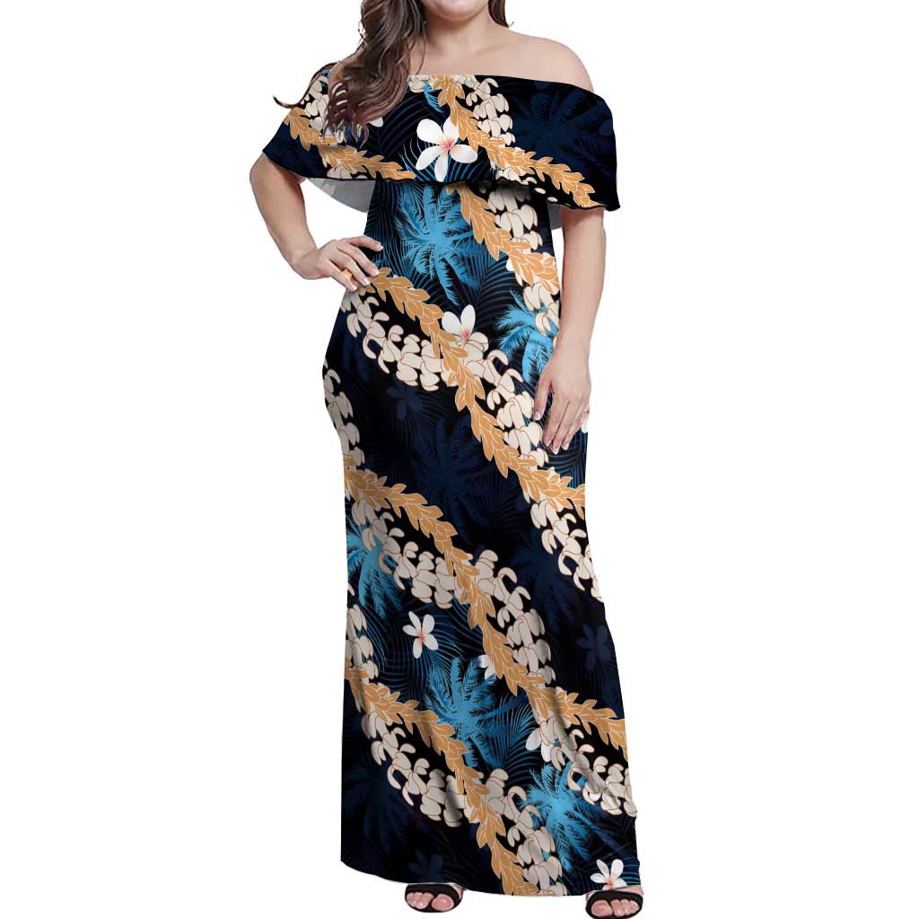 Puakenikeni Maile Lei Off Shoulder Maxi Dress Frangipani Blue Tropical Leaves LT01 Women Blue - Polynesian Pride