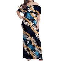 Puakenikeni Maile Lei Off Shoulder Maxi Dress Frangipani Blue Tropical Leaves LT01 Women Blue - Polynesian Pride
