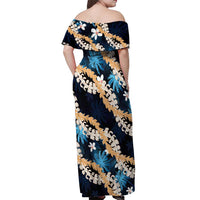 Puakenikeni Maile Lei Off Shoulder Maxi Dress Frangipani Blue Tropical Leaves LT01 - Polynesian Pride