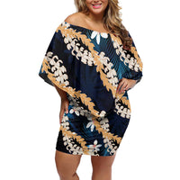 Puakenikeni Maile Lei Off Shoulder Short Dress Frangipani Blue Tropical Leaves LT01 Women Blue - Polynesian Pride