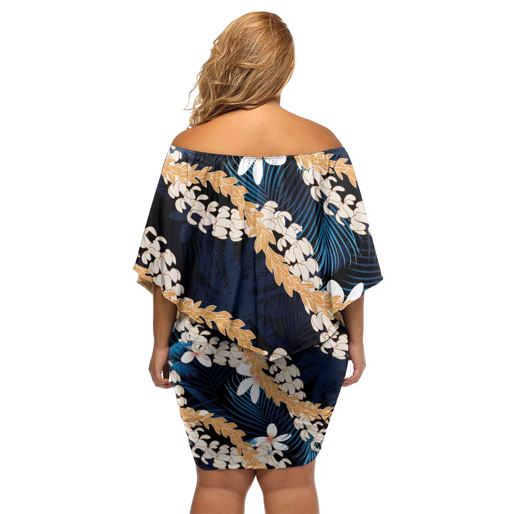 Puakenikeni Maile Lei Off Shoulder Short Dress Frangipani Blue Tropical Leaves LT01 - Polynesian Pride