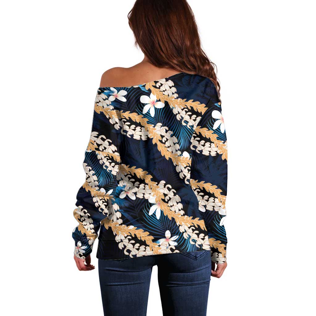 Puakenikeni Maile Lei Off Shoulder Sweater Frangipani Blue Tropical Leaves LT01 - Polynesian Pride
