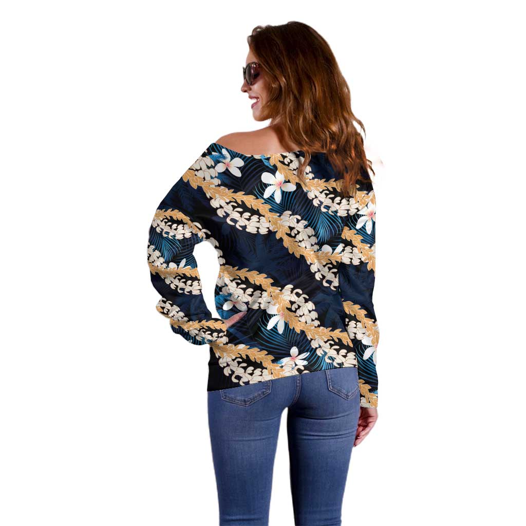 Puakenikeni Maile Lei Off Shoulder Sweater Frangipani Blue Tropical Leaves LT01 - Polynesian Pride