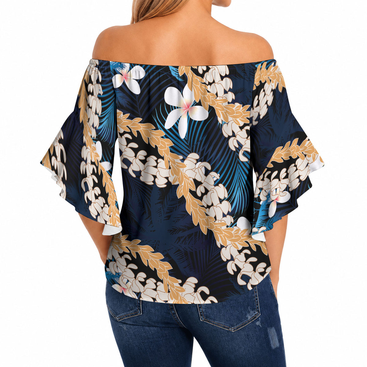 Puakenikeni Maile Lei Off Shoulder Wrap Waist Top Frangipani Blue Tropical Leaves LT01 - Polynesian Pride