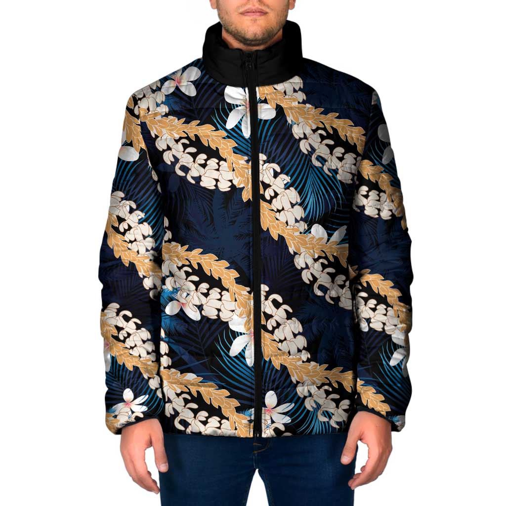 Puakenikeni Maile Lei Padded Jacket Frangipani Blue Tropical Leaves LT01 Men Blue - Polynesian Pride