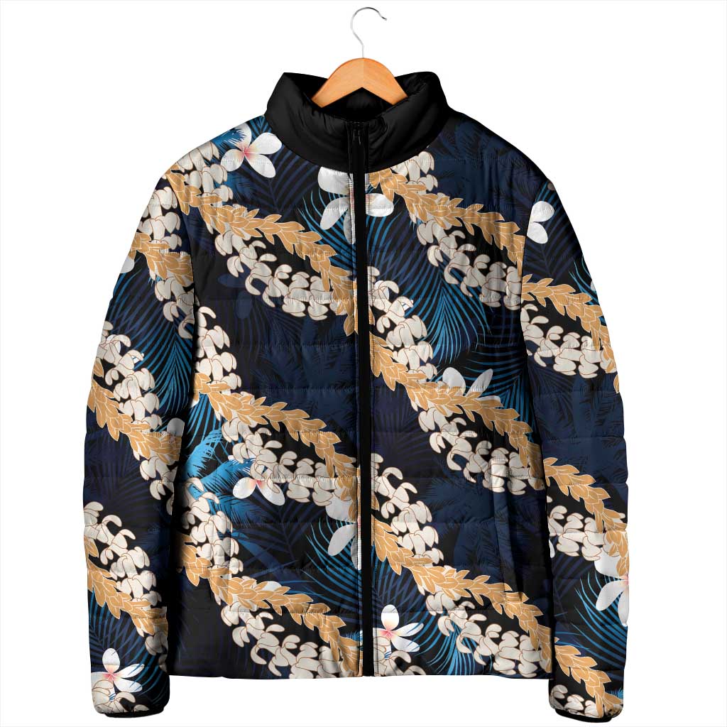 Puakenikeni Maile Lei Padded Jacket Frangipani Blue Tropical Leaves LT01 - Polynesian Pride