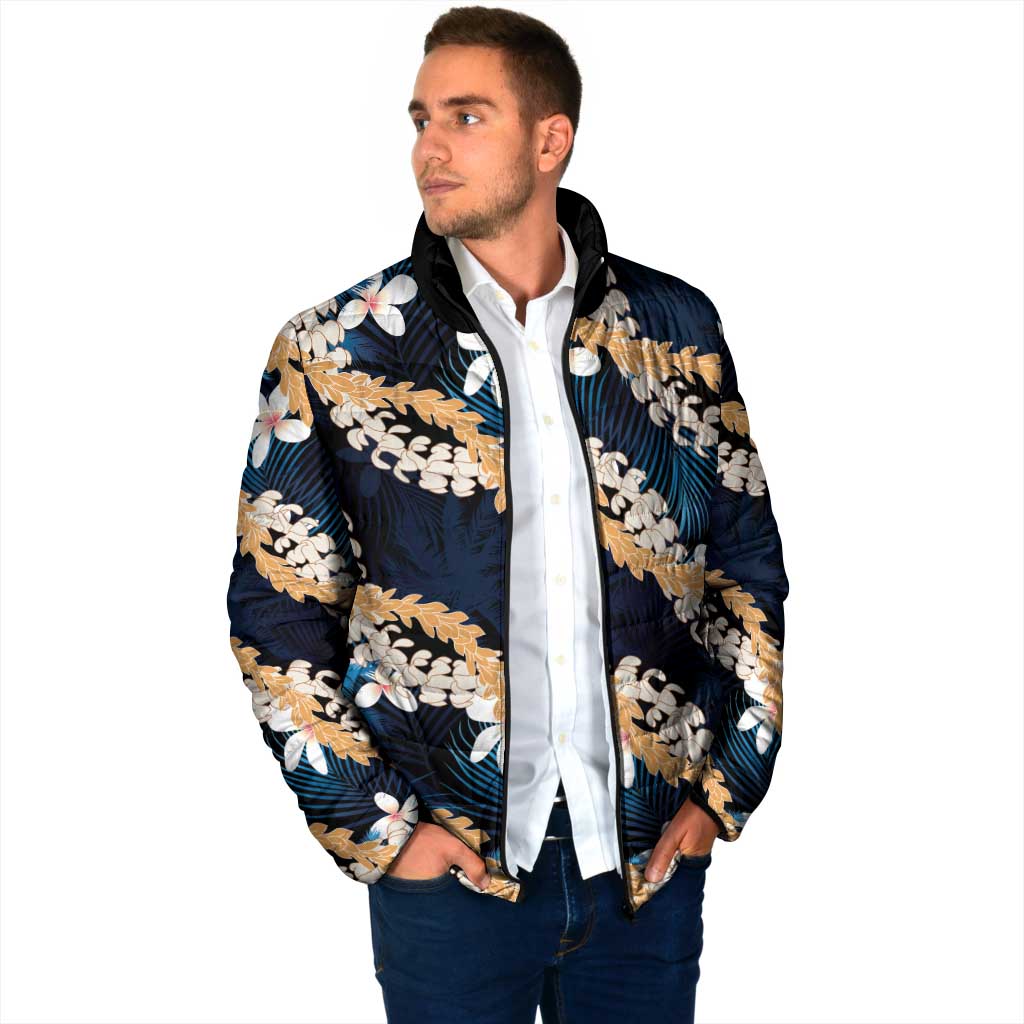 Puakenikeni Maile Lei Padded Jacket Frangipani Blue Tropical Leaves LT01 - Polynesian Pride