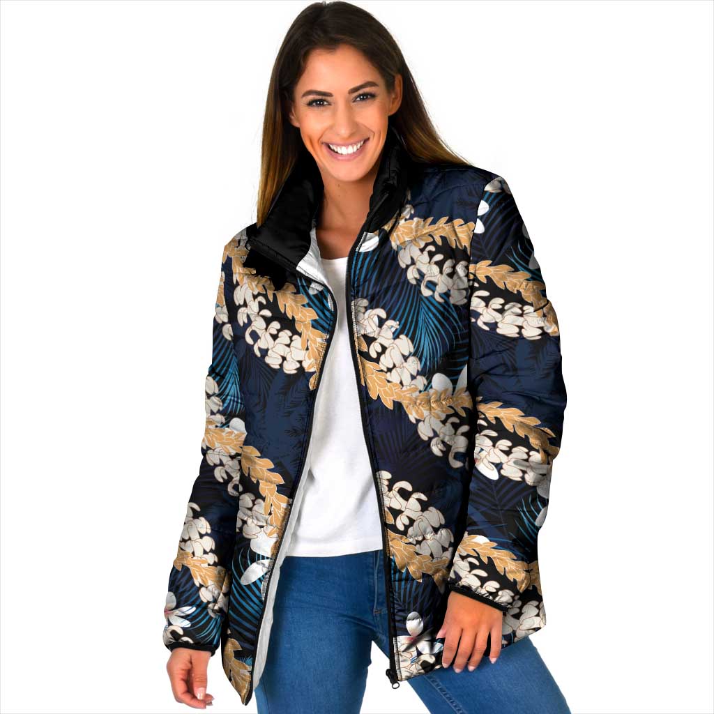 Puakenikeni Maile Lei Padded Jacket Frangipani Blue Tropical Leaves LT01 Women Blue - Polynesian Pride