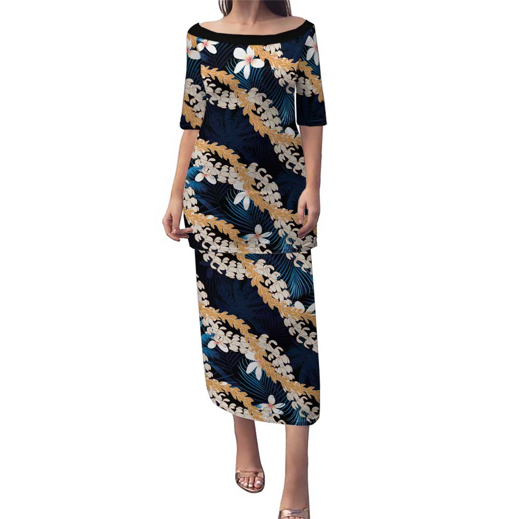 Puakenikeni Maile Lei Puletasi Frangipani Blue Tropical Leaves LT01 Long Dress Blue - Polynesian Pride