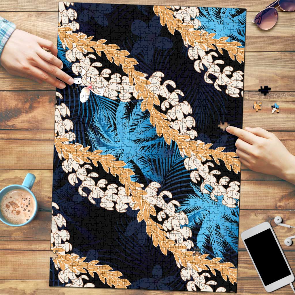 Puakenikeni Maile Lei Puzzle Frangipani Blue Tropical Leaves LT01 Blue - Polynesian Pride