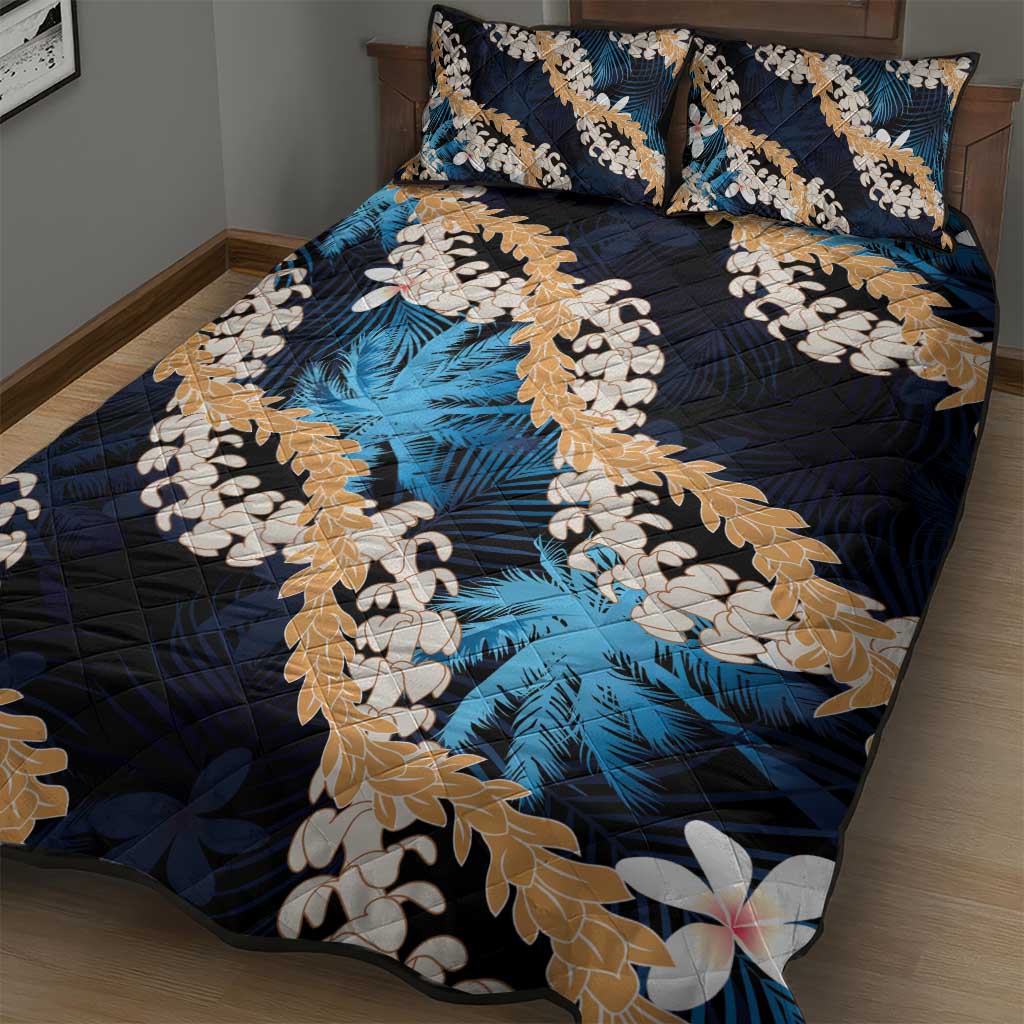 Puakenikeni Maile Lei Quilt Bed Set Frangipani Blue Tropical Leaves LT01 - Polynesian Pride