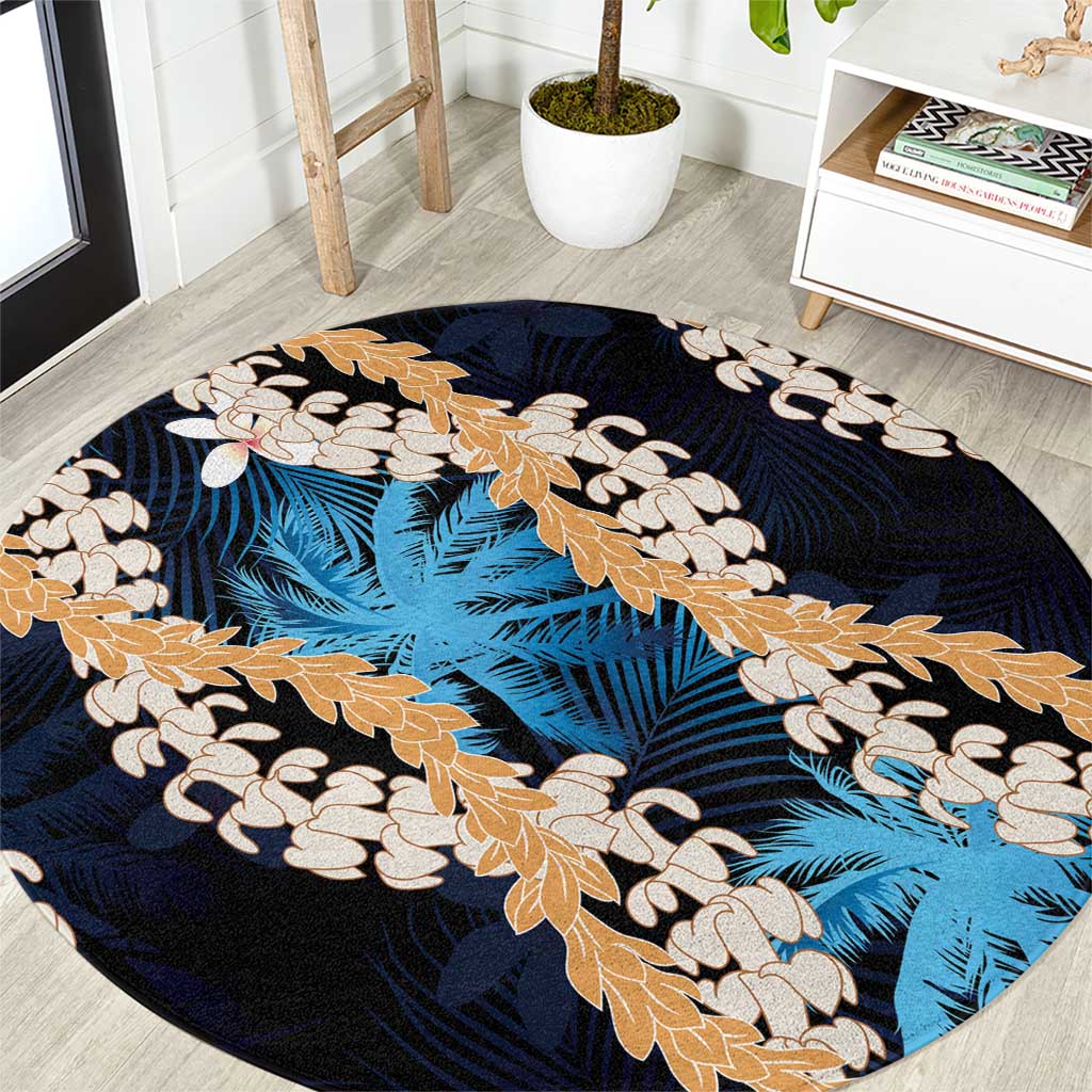 Puakenikeni Maile Lei Round Carpet Frangipani Blue Tropical Leaves LT01 Blue - Polynesian Pride
