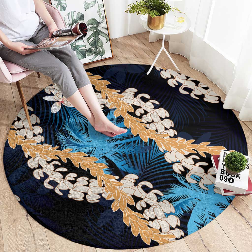 Puakenikeni Maile Lei Round Carpet Frangipani Blue Tropical Leaves LT01 - Polynesian Pride