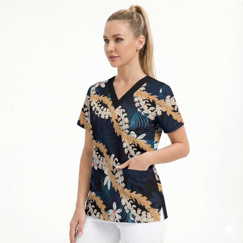 Puakenikeni Maile Lei Scrub Top Frangipani Blue Tropical Leaves LT01 - Polynesian Pride