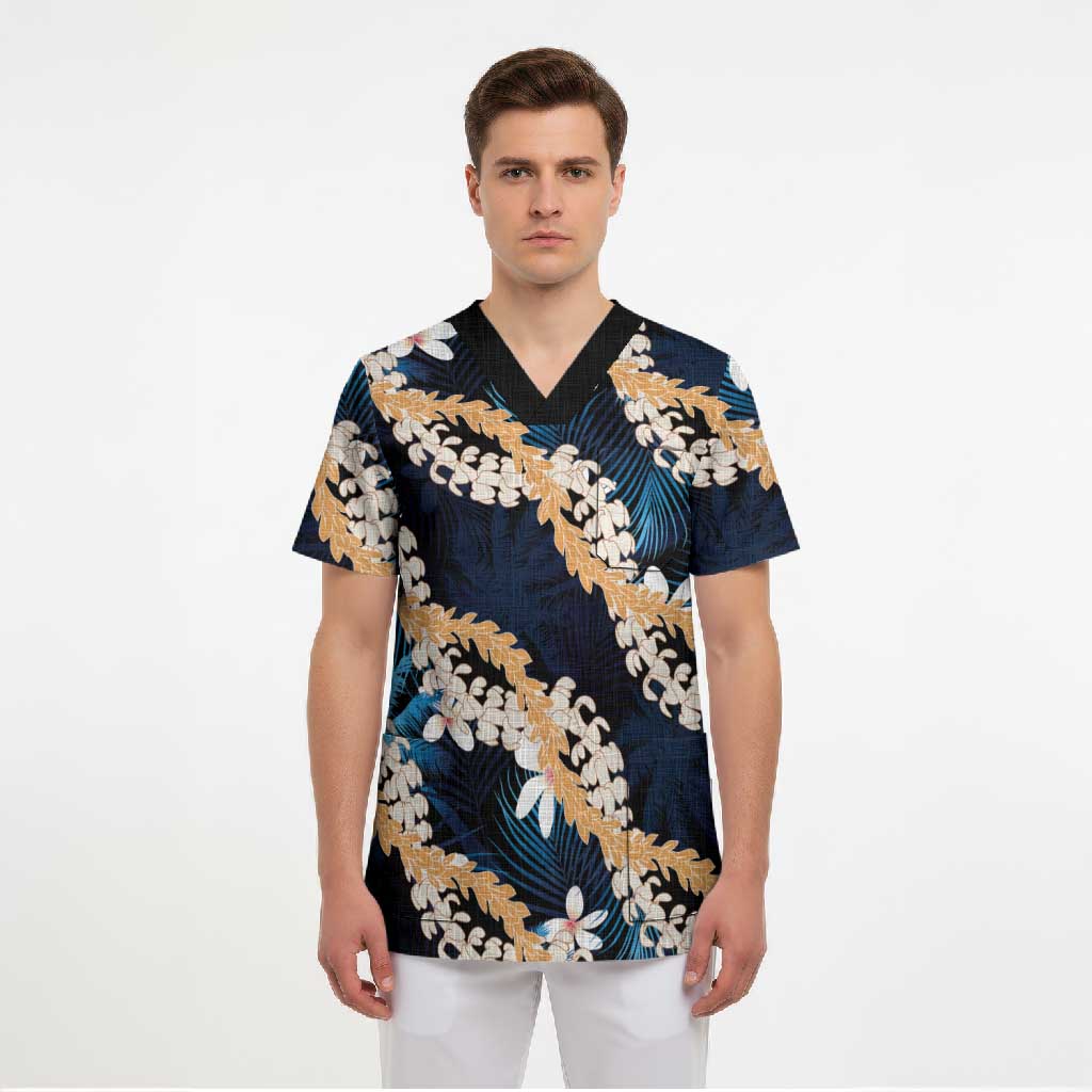 Puakenikeni Maile Lei Scrub Top Frangipani Blue Tropical Leaves LT01 - Polynesian Pride