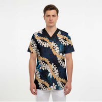 Puakenikeni Maile Lei Scrub Top Frangipani Blue Tropical Leaves LT01 - Polynesian Pride