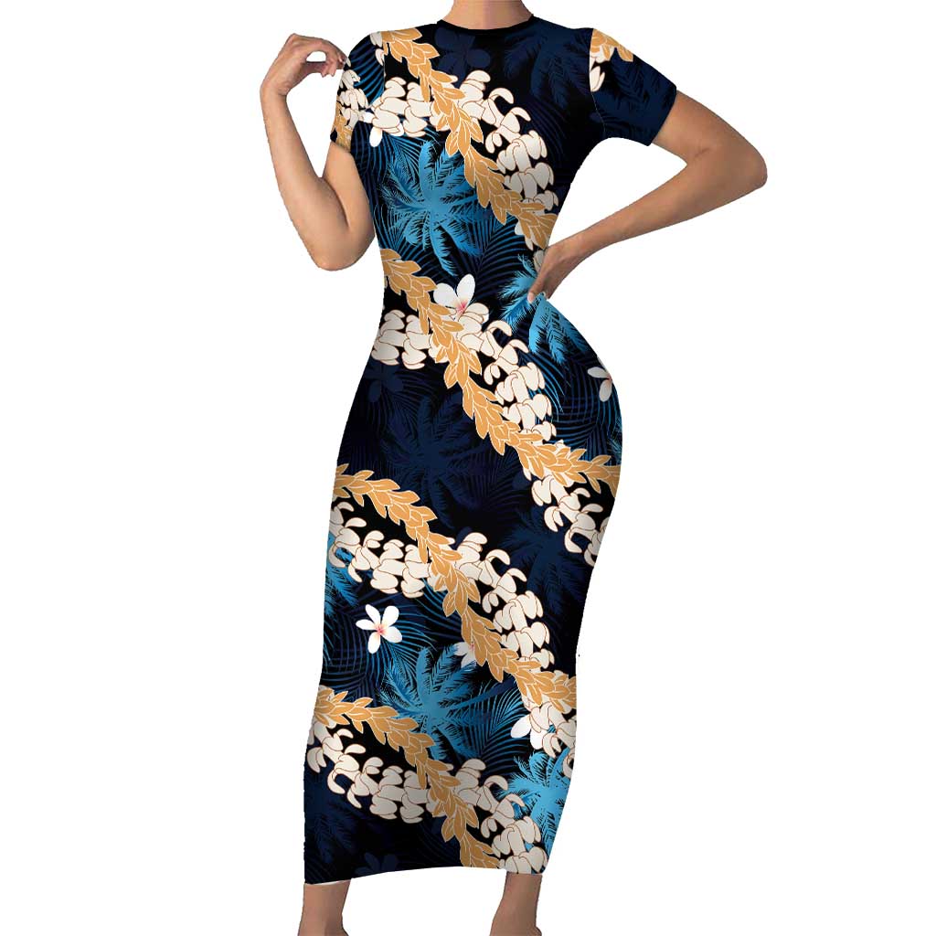 Puakenikeni Maile Lei Short Sleeve Bodycon Dress Frangipani Blue Tropical Leaves LT01 Long Dress Blue - Polynesian Pride