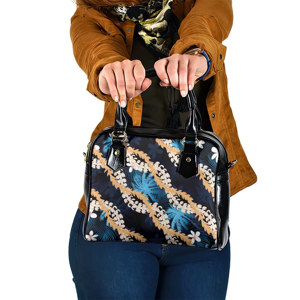 Puakenikeni Maile Lei Shoulder Handbag Frangipani Blue Tropical Leaves LT01 One Size Blue - Polynesian Pride