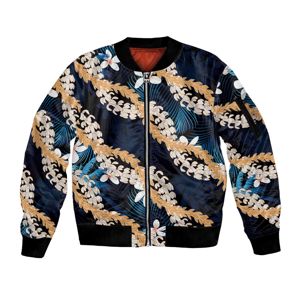 Puakenikeni Maile Lei Sleeve Zip Bomber Jacket Frangipani Blue Tropical Leaves LT01 Unisex Blue - Polynesian Pride
