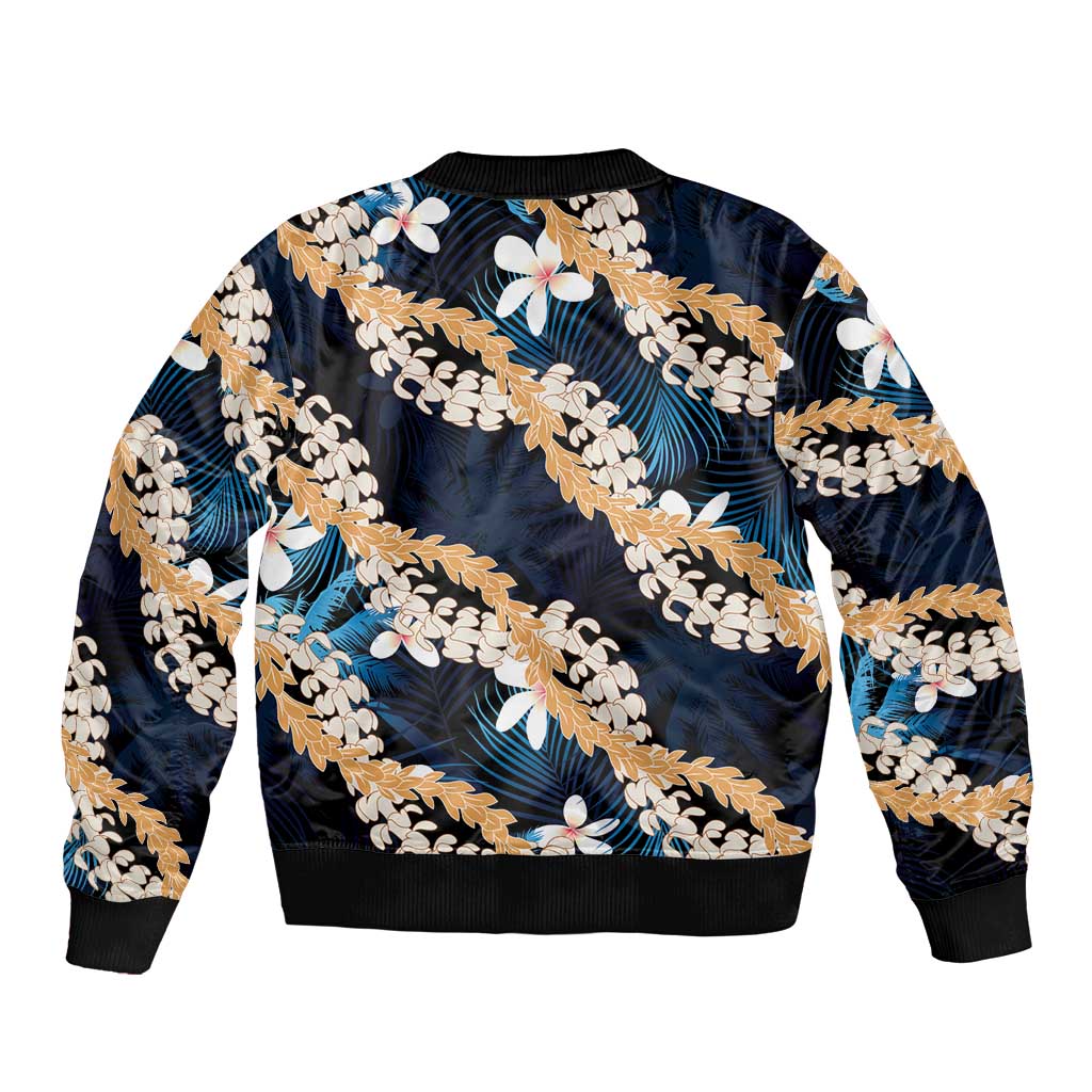 Puakenikeni Maile Lei Sleeve Zip Bomber Jacket Frangipani Blue Tropical Leaves LT01 - Polynesian Pride