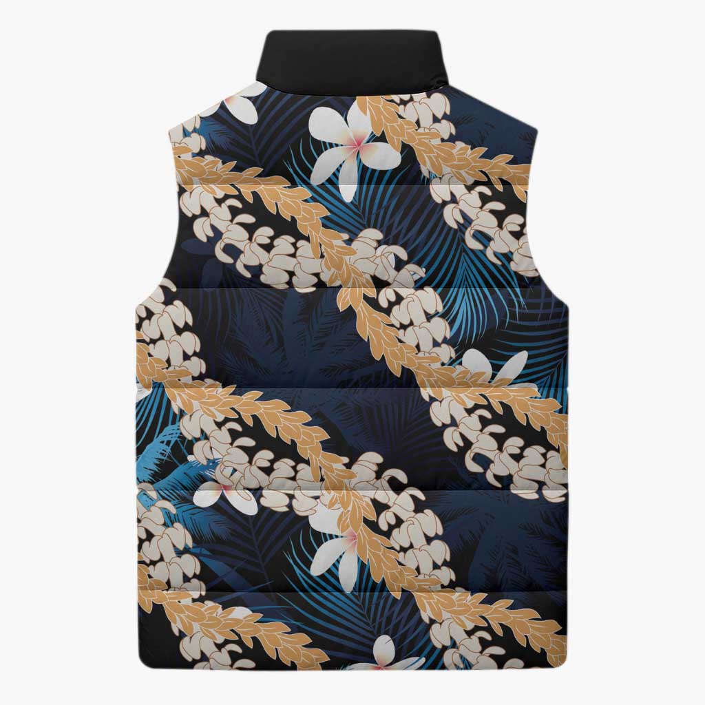 Puakenikeni Maile Lei Sleeveless Puffer Jacket Frangipani Blue Tropical Leaves LT01 - Polynesian Pride