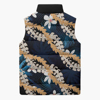 Puakenikeni Maile Lei Sleeveless Puffer Jacket Frangipani Blue Tropical Leaves LT01 - Polynesian Pride