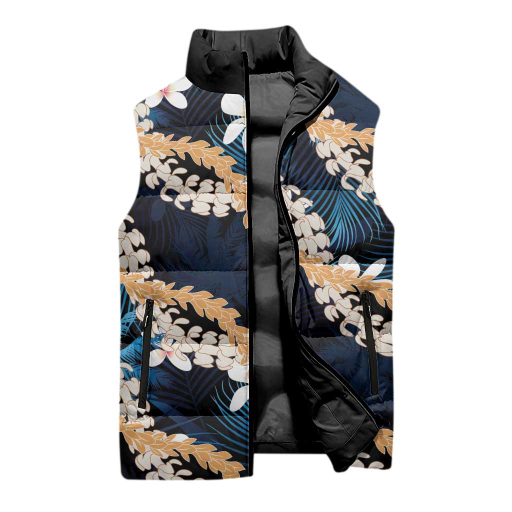 Puakenikeni Maile Lei Sleeveless Puffer Jacket Frangipani Blue Tropical Leaves LT01 - Polynesian Pride