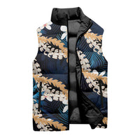 Puakenikeni Maile Lei Sleeveless Puffer Jacket Frangipani Blue Tropical Leaves LT01 - Polynesian Pride