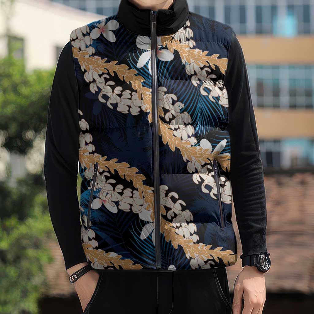 Puakenikeni Maile Lei Sleeveless Puffer Jacket Frangipani Blue Tropical Leaves LT01 - Polynesian Pride