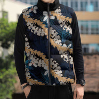 Puakenikeni Maile Lei Sleeveless Puffer Jacket Frangipani Blue Tropical Leaves LT01 - Polynesian Pride