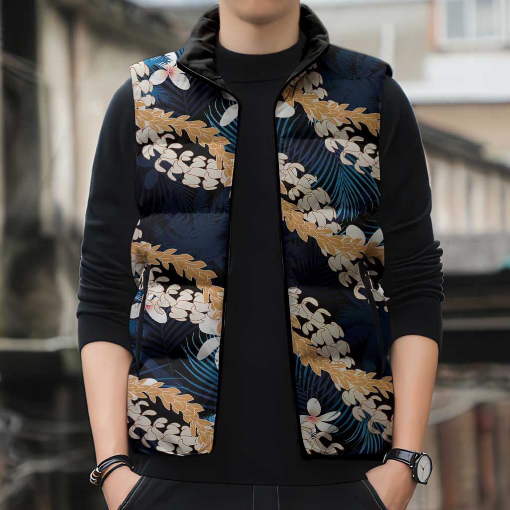 Puakenikeni Maile Lei Sleeveless Puffer Jacket Frangipani Blue Tropical Leaves LT01 - Polynesian Pride