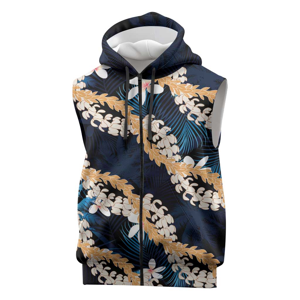 Puakenikeni Maile Lei Sleeveless Zip Hoodie Frangipani Blue Tropical Leaves