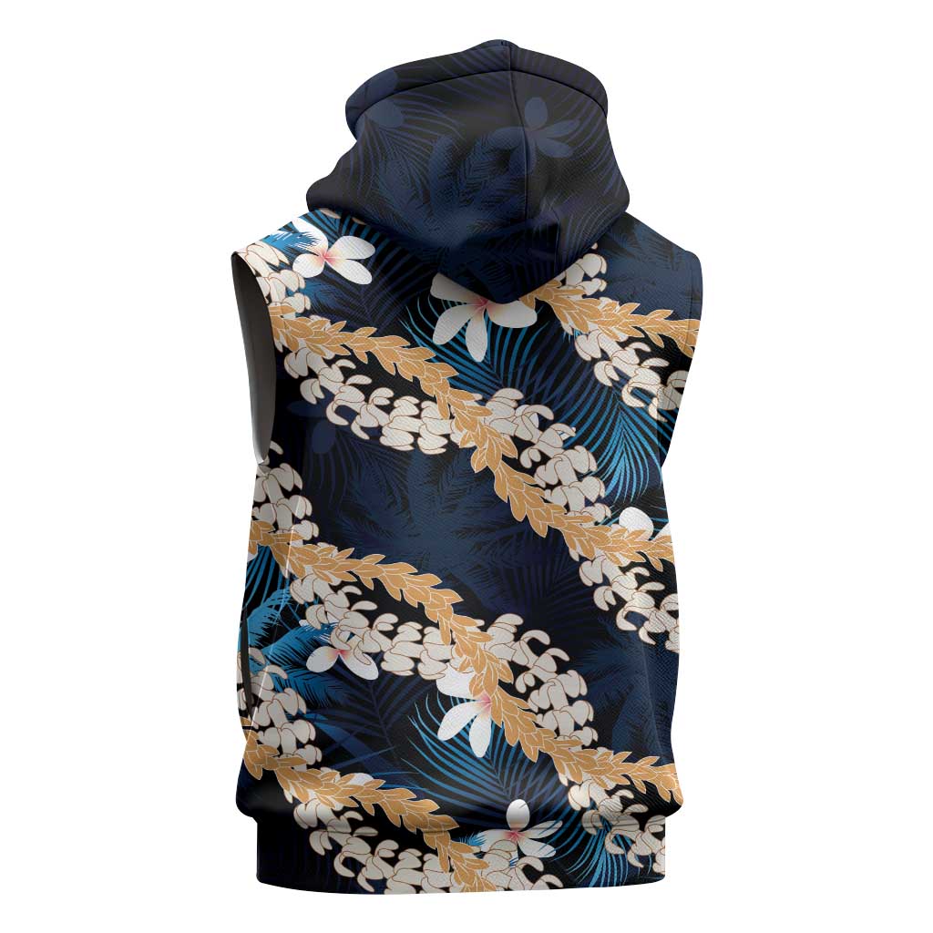 Puakenikeni Maile Lei Sleeveless Zip Hoodie Frangipani Blue Tropical Leaves