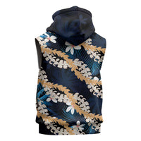 Puakenikeni Maile Lei Sleeveless Zip Hoodie Frangipani Blue Tropical Leaves