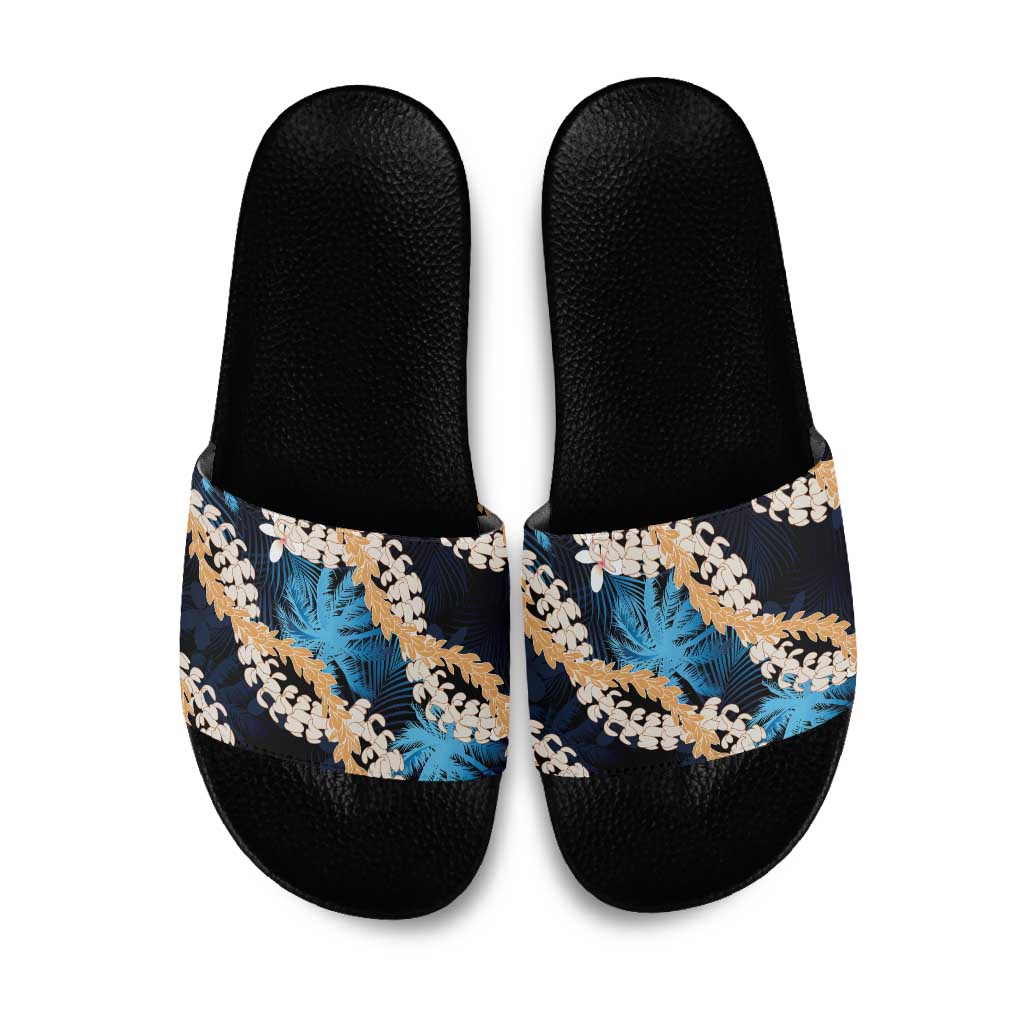 Puakenikeni Maile Lei Slide Sandals Frangipani Blue Tropical Leaves