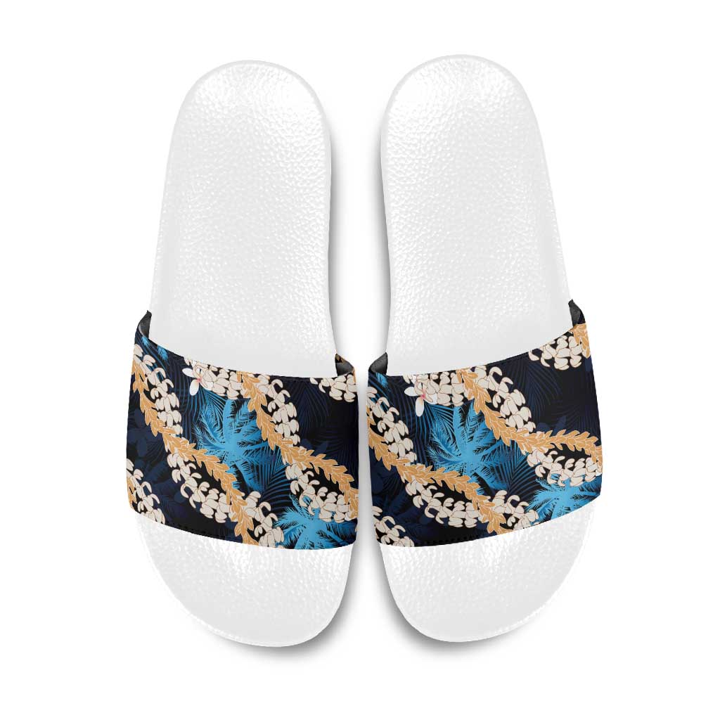 Puakenikeni Maile Lei Slide Sandals Frangipani Blue Tropical Leaves