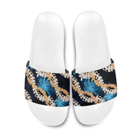 Puakenikeni Maile Lei Slide Sandals Frangipani Blue Tropical Leaves