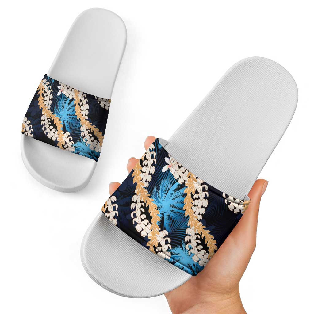 Puakenikeni Maile Lei Slide Sandals Frangipani Blue Tropical Leaves