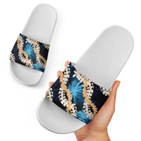 Puakenikeni Maile Lei Slide Sandals Frangipani Blue Tropical Leaves