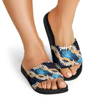 Puakenikeni Maile Lei Slide Sandals Frangipani Blue Tropical Leaves