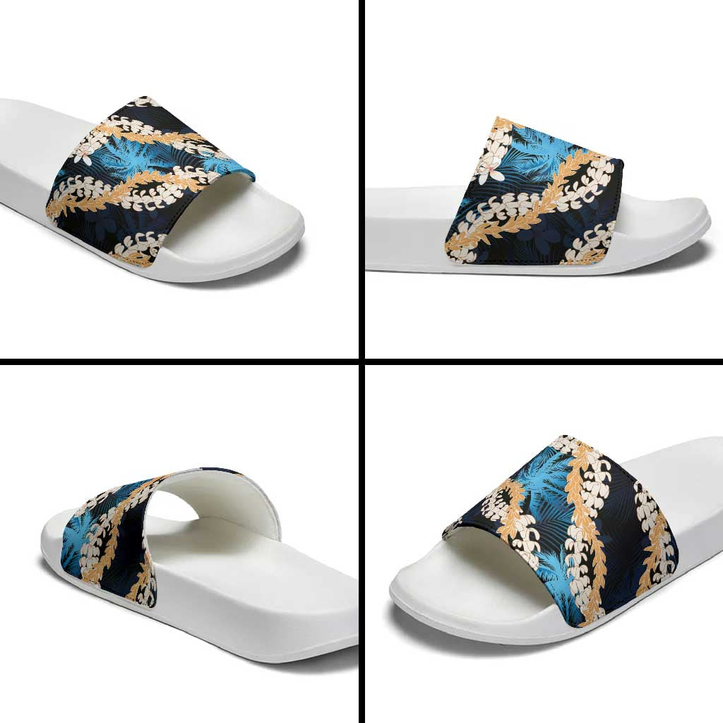 Puakenikeni Maile Lei Slide Sandals Frangipani Blue Tropical Leaves