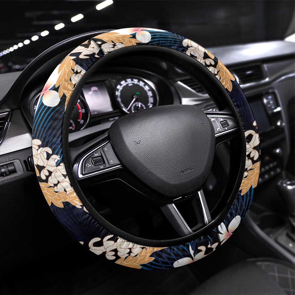 Puakenikeni Maile Lei Steering Wheel Cover Frangipani Blue Tropical Leaves LT01 Universal Fit Blue - Polynesian Pride