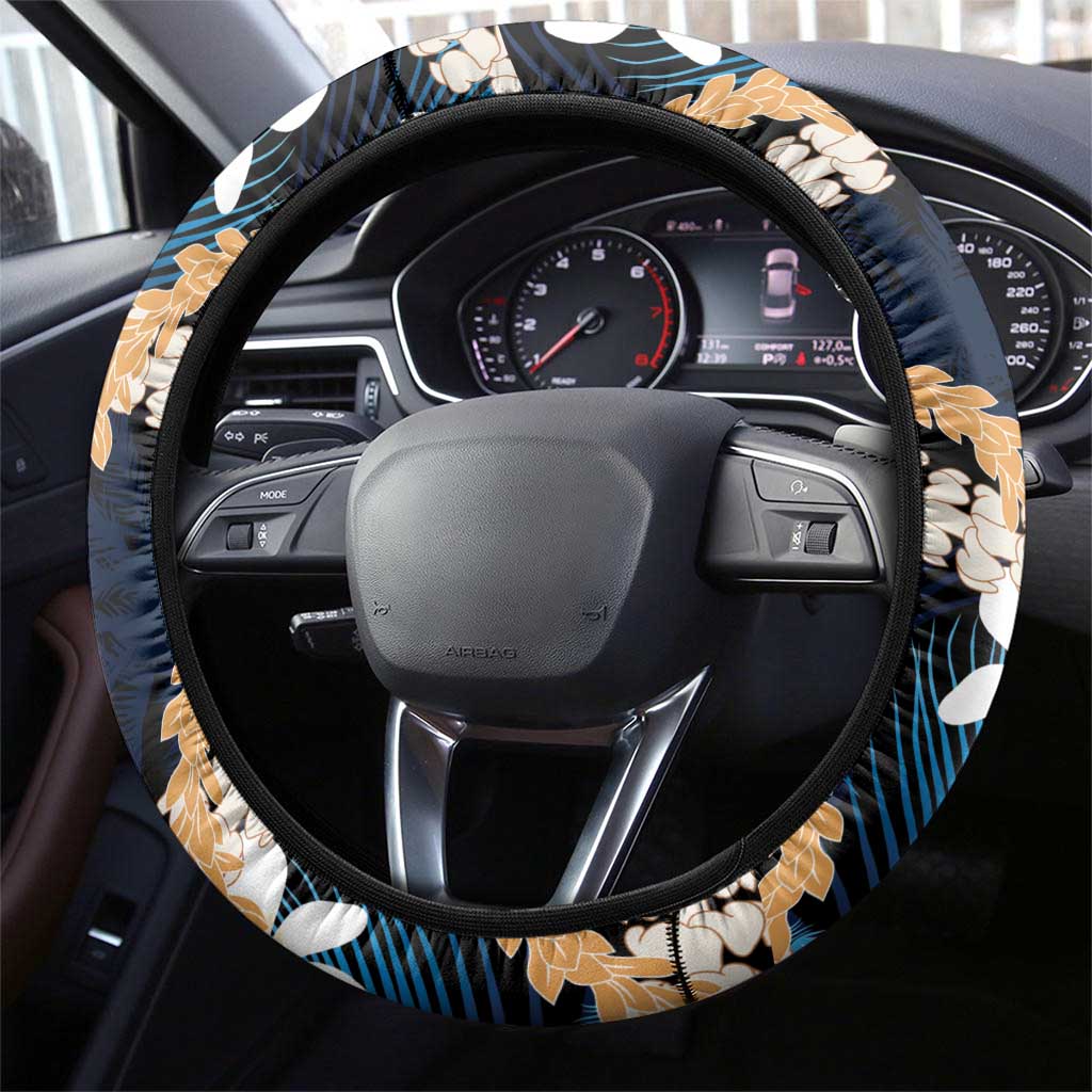 Puakenikeni Maile Lei Steering Wheel Cover Frangipani Blue Tropical Leaves LT01 - Polynesian Pride