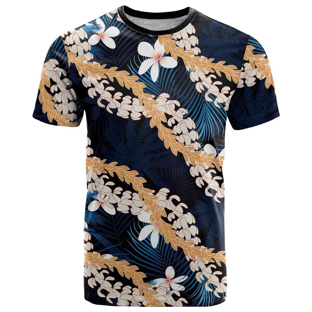 Puakenikeni Maile Lei T Shirt Frangipani Blue Tropical Leaves LT01 Blue - Polynesian Pride
